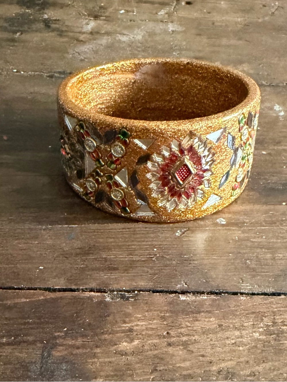 Vintage Indian Mirror Work Gold Statement Bangle Bracelet Wide Boho
